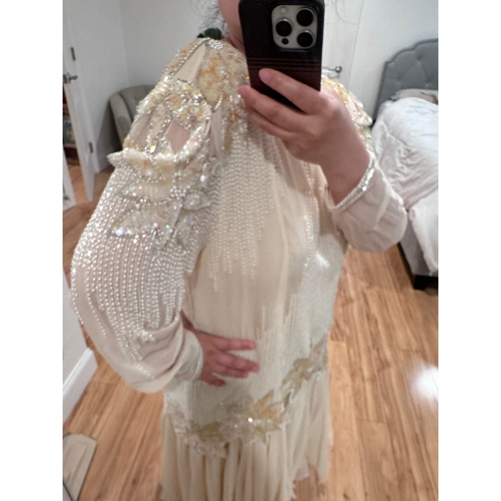 Vintage Hand Beaded Sequin Formal L Evening Gown Embellished Acetate Lined Dress - Picture 10 of 13